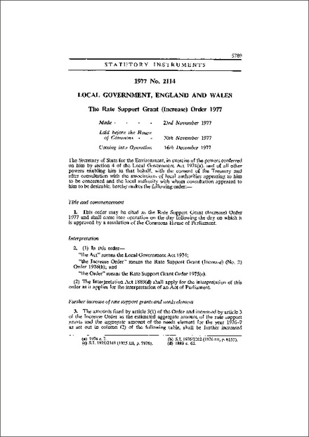 The Rate Support Grant (Increase) Order 1977