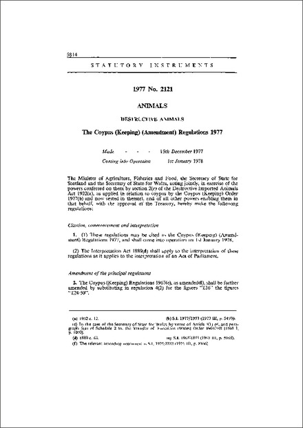 The Coypus (Keeping) (Amendment) Regulations 1977
