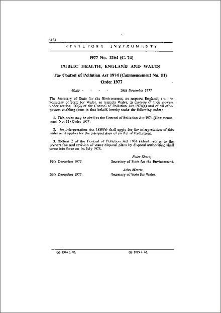The Control of Pollution Act 1974 (Commencement No. 11) Order 1977