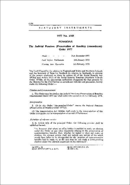 The Judicial Pensions (Preservation of Benefits) (Amendment) Order 1977