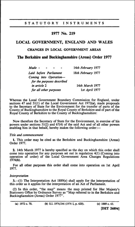The Berkshire and Buckinghamshire (Areas) Order 1977