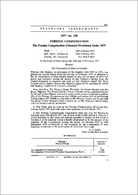 The Foreign Compensation (Financial Provisions) Order 1977