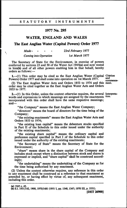 The East Anglian Water (Capital Powers) Order 1977