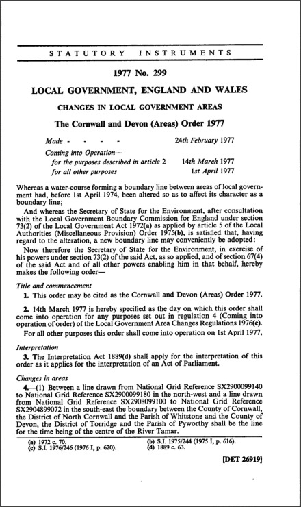The Cornwall and Devon (Areas) Order 1977