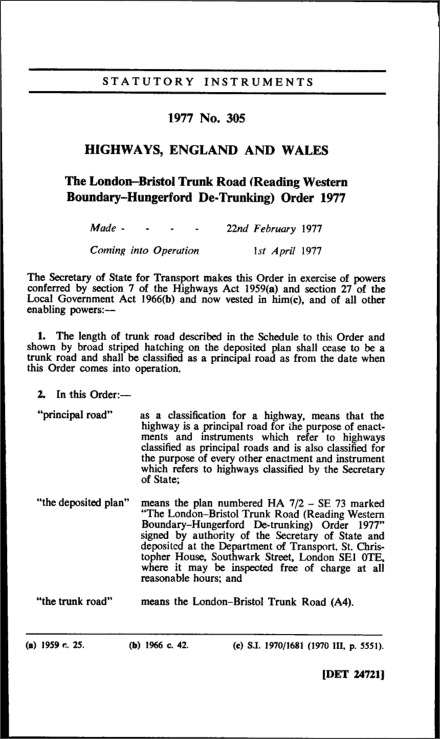 The London-Bristol Trunk Road (Reading Western Boundary—Hungerford De-Trunking) Order 1977