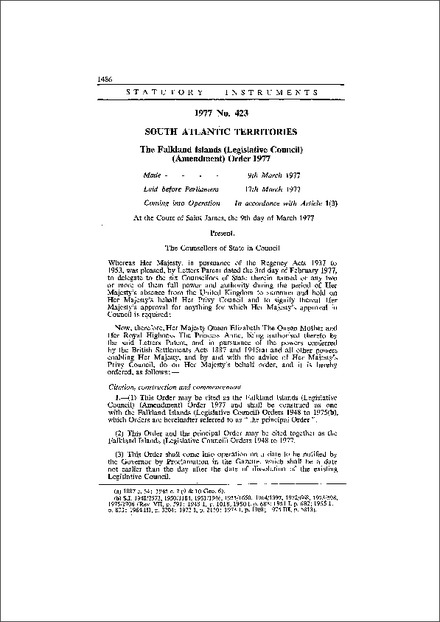 The Falkland Islands (Legislative Council) (Amendment) Order 1977