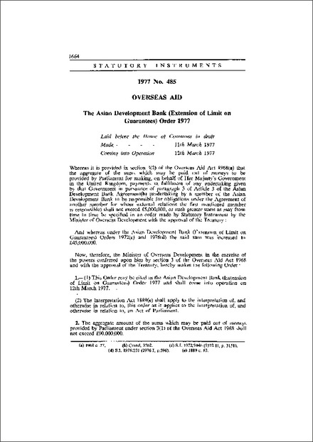The Asian Development Bank (Extension of Limit on Guarantees) Order 1977