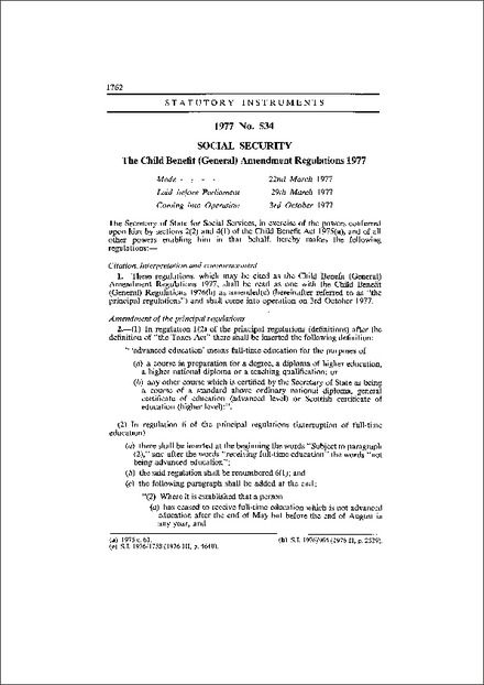 The Child Benefit (General) Amendment Regulations 1977