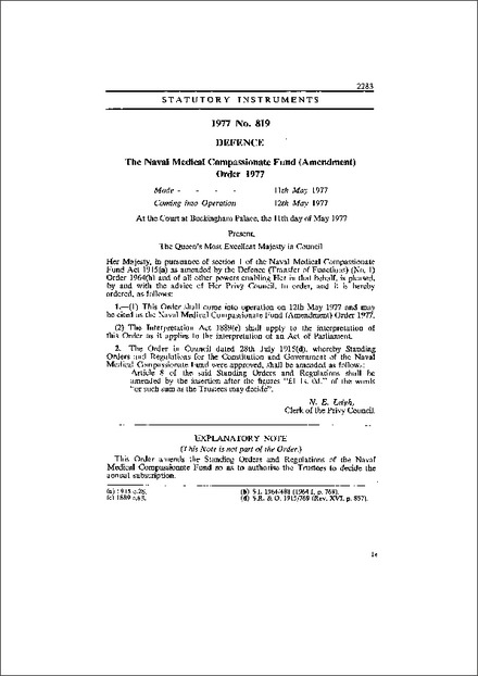 The Naval Medical Compassionate Fund (Amendment) Order 1977