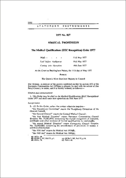 The Medical Qualifications (EEC Recognition) Order 1977