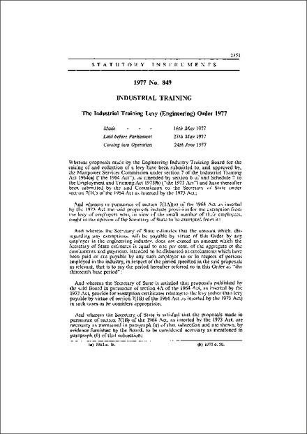 The Industrial Training Levy (Engineering) Order 1977