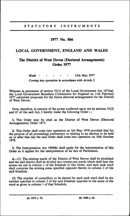 The District of West Devon (Electoral Arrangements) Order 1977