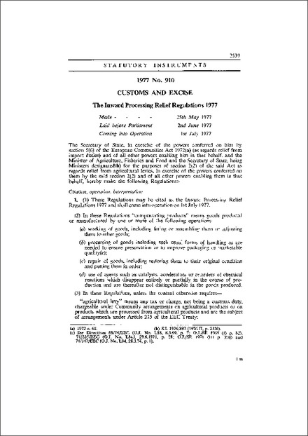 The Inward Processing Relief Regulations 1977
