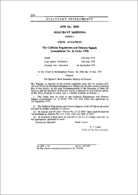 The Collision Regulations and Distress Signals (Amendment No. 2) Order 1978