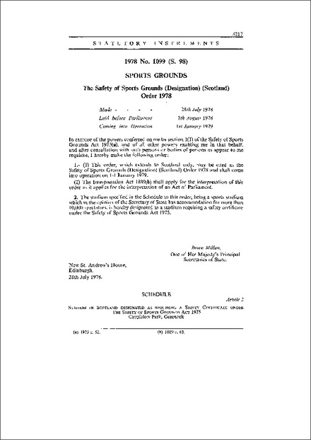 The Safety of Sports Grounds (Designation) (Scotland) Order 1978