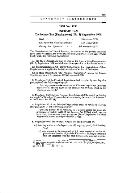 The Income Tax (Employments) (No. 8) Regulations 1978