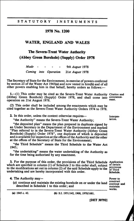 The Severn-Trent Water Authority (Abbey Green Borehole) (Supply) Order 1978