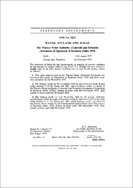 The Thames Water Authority (Cotswold and Swindon) (Extension of Operation of Byelaws) Order 1978