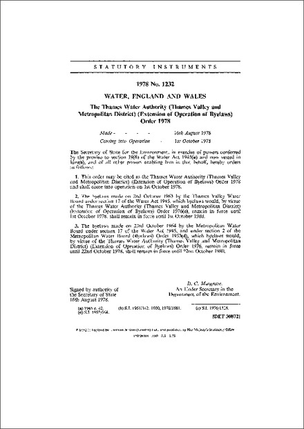 The Thames Water Authority (Thames Valley and Metropolitan District) (Extension of Operation of Byelaws) Order 1978
