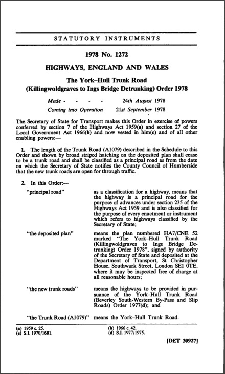 The York—Hull Trunk Road (Killingwoldgraves to Ings Bridge Detrunking) Order 1978