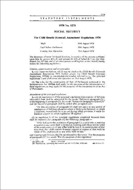The Child Benefit (General) Amendment Regulations 1978