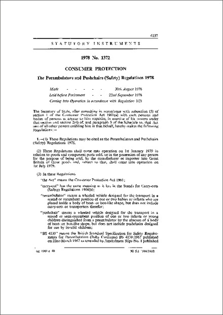 The Perambulators and Pushchairs (Safety) Regulations 1978