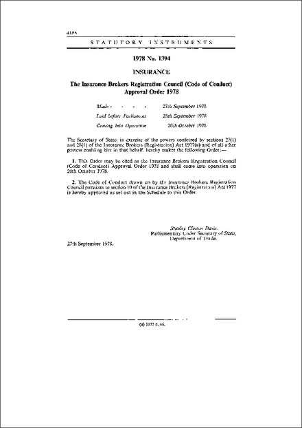 The Insurance Brokers Registration Council (Code of Conduct) Approval Order 1978
