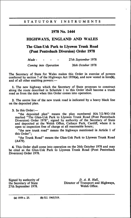 The Glan-Usk Park to Llyswen Trunk Road (Pont Pentrebach Diversion) Order 1978