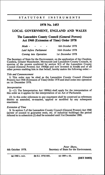 The Lancashire County Council (General Powers) Act 1968 (Extension of Time) Order 1978