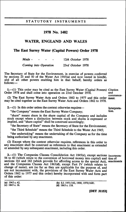 The East Surrey Water (Capital Powers) Order 1978