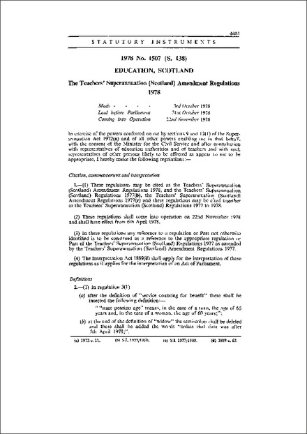 The Teachers' Superannuation (Scotland) Amendment Regulations 1978
