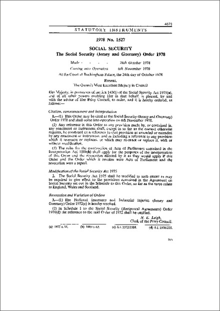 The Social Security (Jersey and Guernsey) Order 1978