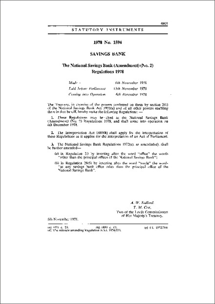 The National Savings Bank (Amendment) (No. 2) Regulations 1978