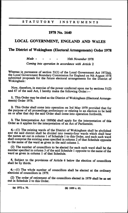 The District of Wokingham (Electoral Arrangements) Order 1978