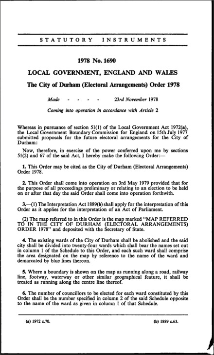 The City of Durham (Electoral Arrangements) Order 1978