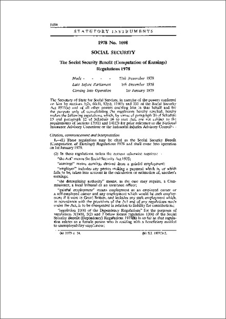The Social Security Benefit (Computation of Earnings) Regulations 1978