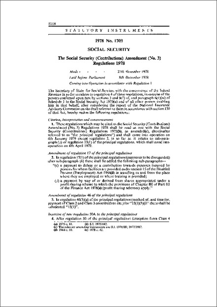 The Social Security (Contributions) Amendment (No. 3) Regulations 1978