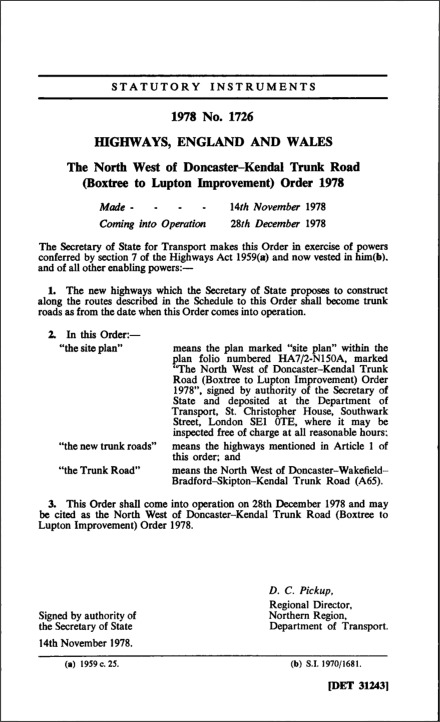 The North West of Doncaster-Kendal Trunk Road (Boxtree to Lupton Improvement) Order 1978