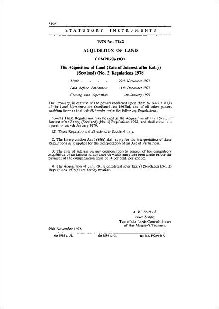 The Acquisition of Land (Rate of Interest after Entry) (Scotland) (No. 3) Regulations 1978