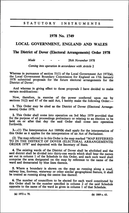 The District of Dover (Electoral Arrangements) Order 1978