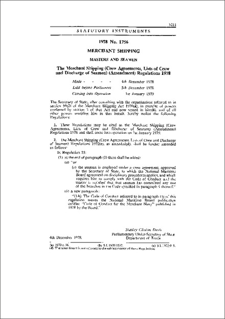 The Merchant Shipping (Crew Agreements, Lists of Crew and Discharge of Seamen) (Amendment) Regulations 1978