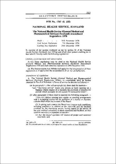 The National Health Service (General Medical and Pharmaceutical Services) (Scotland) Amendment Regulations 1978