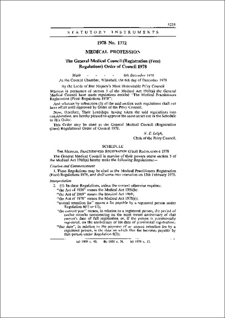 The General Medical Council (Registration (Fees) Regulations) Order of Council 1978
