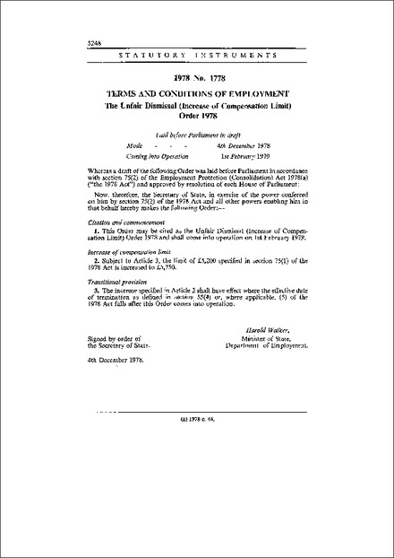 The Unfair Dismissal (Increase of Compensation Limit) Order 1978
