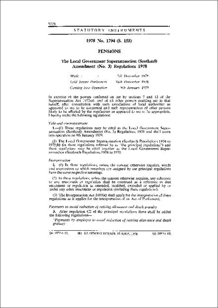 The Local Government Superannuation (Scotland) Amendment (No. 3) Regulations 1978