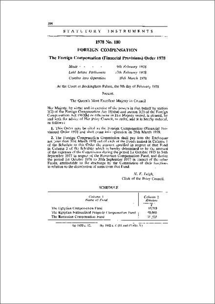 The Foreign Compensation (Financial Provisions) Order 1978
