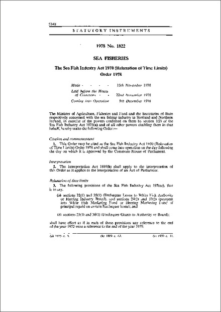 The Sea Fish Industry Act 1970 (Relaxation of Time Limits) Order 1978