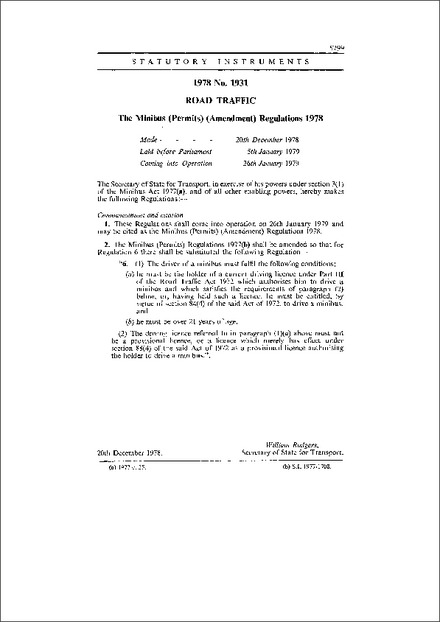 The Minibus (Permits) (Amendment) Regulations 1978