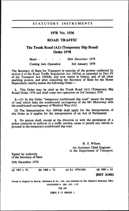 The Trunk Road (A1) (Temporary Slip Road) Order 1978
