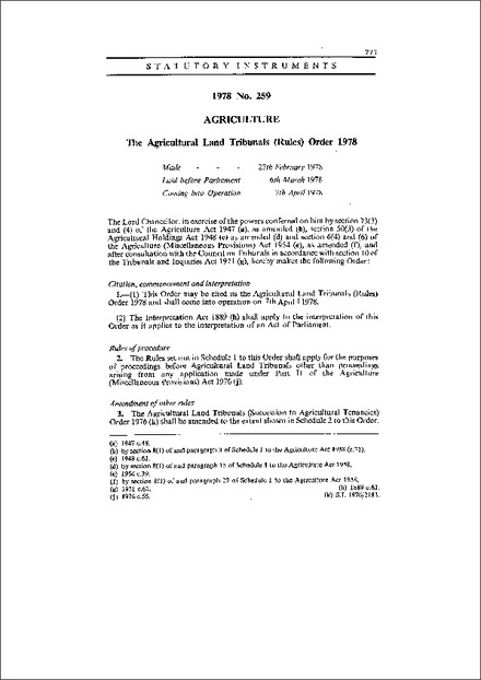 The Agricultural Land Tribunals (Rules) Order 1978